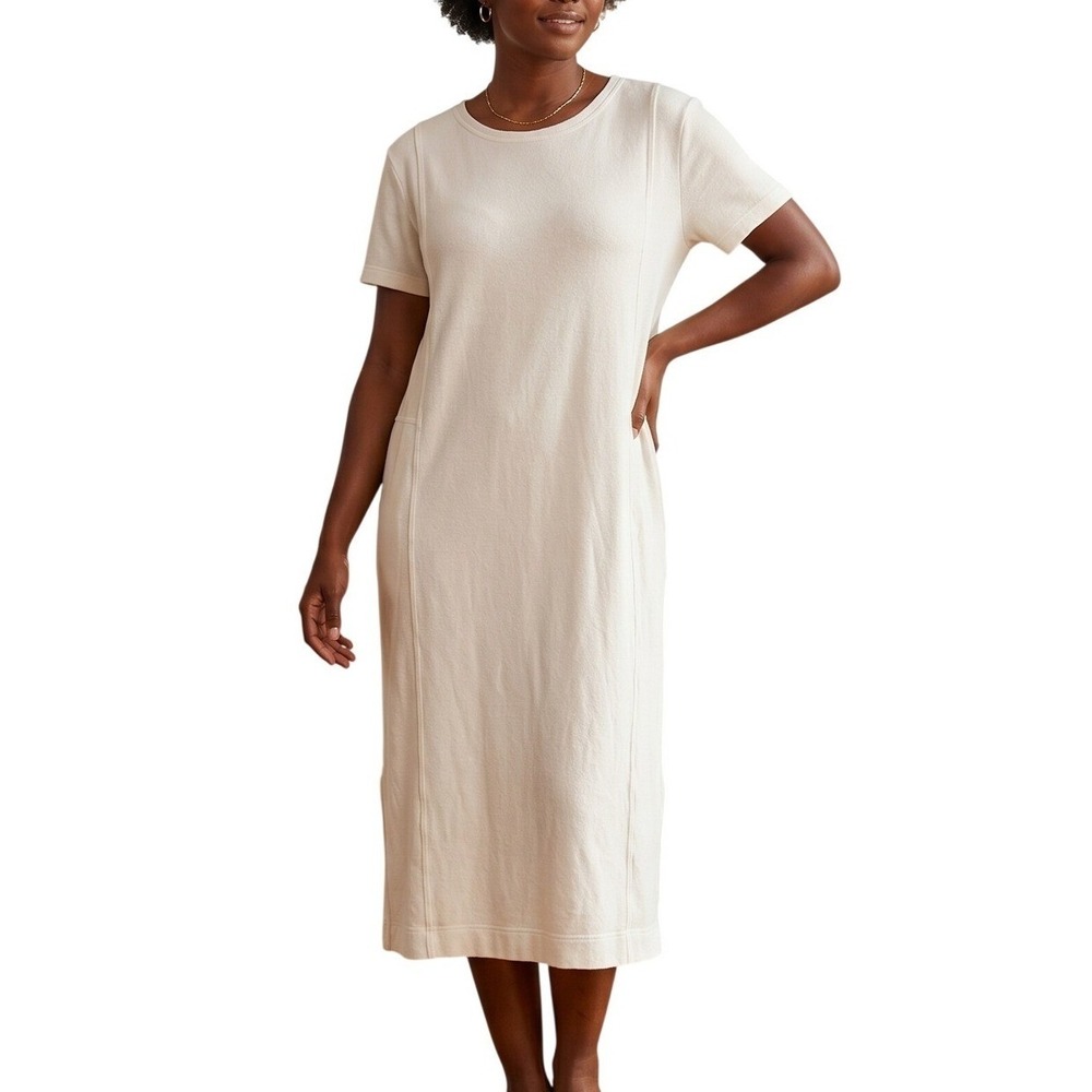 Poetry Hemp Organic Cotton Midi Dress Beige Short Sleeve Pocket Shift US 12 UD54